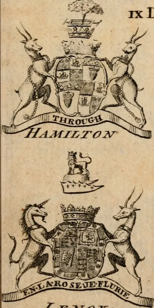 An illustration from The peerage of Scotland : a complete view of the several orders of nobility, of that ancient kingdom; their descents, marriages, issue, and relations; their creations, armorial bearings, crests, supporters, mottos, chief seats, and the high offices they possess ... together with a list of the sixteen peers, from the union to 1767 ..., 1767, leaf 14