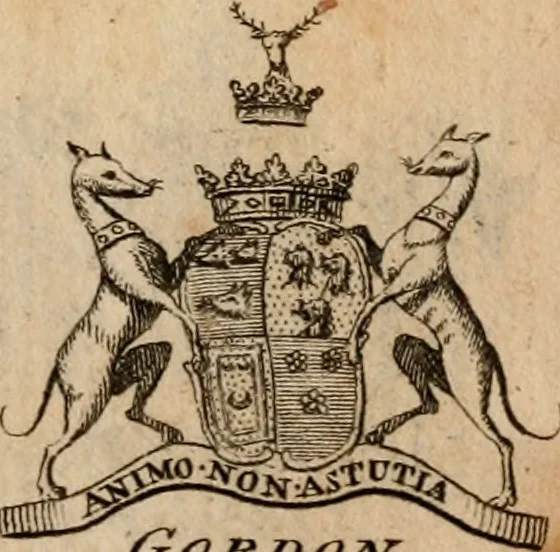 An illustration from The peerage of Scotland : a complete view of the several orders of nobility, of that ancient kingdom; their descents, marriages, issue, and relations; their creations, armorial bearings, crests, supporters, mottos, chief seats, and the high offices they possess ... together with a list of the sixteen peers, from the union to 1767 ..., 1767, leaf 14