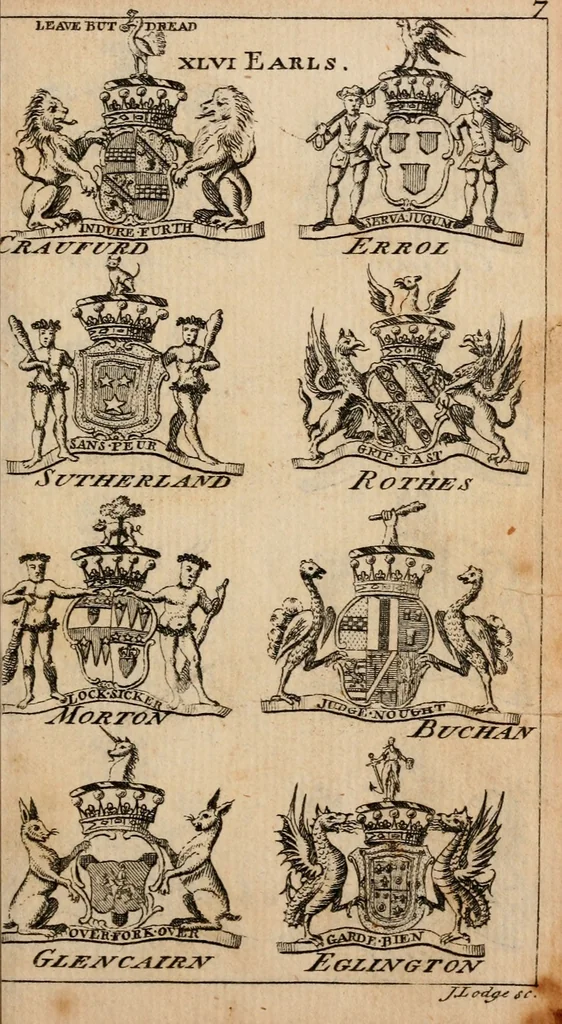 An illustration from The peerage of Scotland : a complete view of the several orders of nobility, of that ancient kingdom; their descents, marriages, issue, and relations; their creations, armorial bearings, crests, supporters, mottos, chief seats, and the high offices they possess ... together with a list of the sixteen peers, from the union to 1767 ..., 1767, leaf 16
