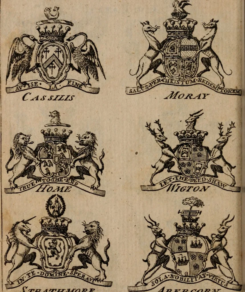 An illustration from The peerage of Scotland : a complete view of the several orders of nobility, of that ancient kingdom; their descents, marriages, issue, and relations; their creations, armorial bearings, crests, supporters, mottos, chief seats, and the high offices they possess ... together with a list of the sixteen peers, from the union to 1767 ..., 1767, leaf 17