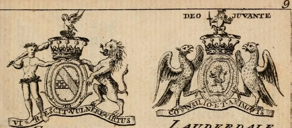 An illustration from The peerage of Scotland : a complete view of the several orders of nobility, of that ancient kingdom; their descents, marriages, issue, and relations; their creations, armorial bearings, crests, supporters, mottos, chief seats, and the high offices they possess ... together with a list of the sixteen peers, from the union to 1767 ..., 1767, leaf 18