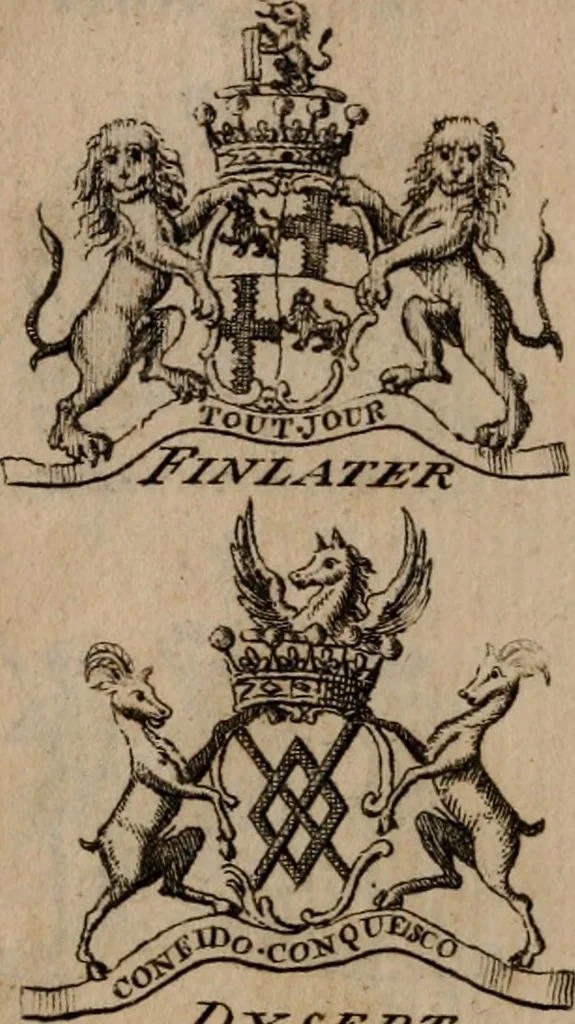 An illustration from The peerage of Scotland : a complete view of the several orders of nobility, of that ancient kingdom; their descents, marriages, issue, and relations; their creations, armorial bearings, crests, supporters, mottos, chief seats, and the high offices they possess ... together with a list of the sixteen peers, from the union to 1767 ..., 1767, leaf 19