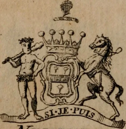 An illustration from The peerage of Scotland : a complete view of the several orders of nobility, of that ancient kingdom; their descents, marriages, issue, and relations; their creations, armorial bearings, crests, supporters, mottos, chief seats, and the high offices they possess ... together with a list of the sixteen peers, from the union to 1767 ..., 1767, leaf 19