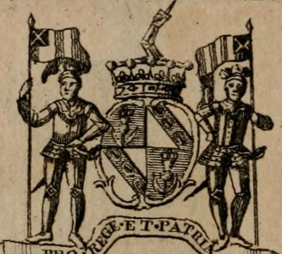 An illustration from The peerage of Scotland : a complete view of the several orders of nobility, of that ancient kingdom; their descents, marriages, issue, and relations; their creations, armorial bearings, crests, supporters, mottos, chief seats, and the high offices they possess ... together with a list of the sixteen peers, from the union to 1767 ..., 1767, leaf 19