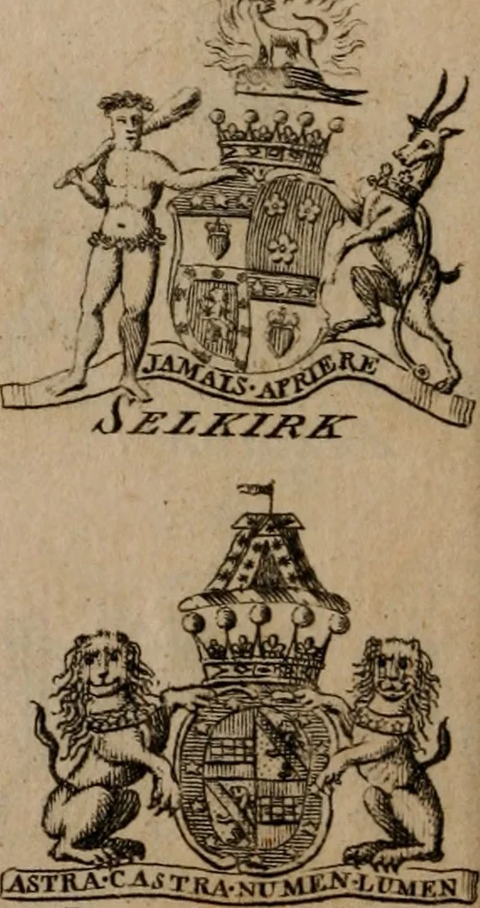 An illustration from The peerage of Scotland : a complete view of the several orders of nobility, of that ancient kingdom; their descents, marriages, issue, and relations; their creations, armorial bearings, crests, supporters, mottos, chief seats, and the high offices they possess ... together with a list of the sixteen peers, from the union to 1767 ..., 1767, leaf 19
