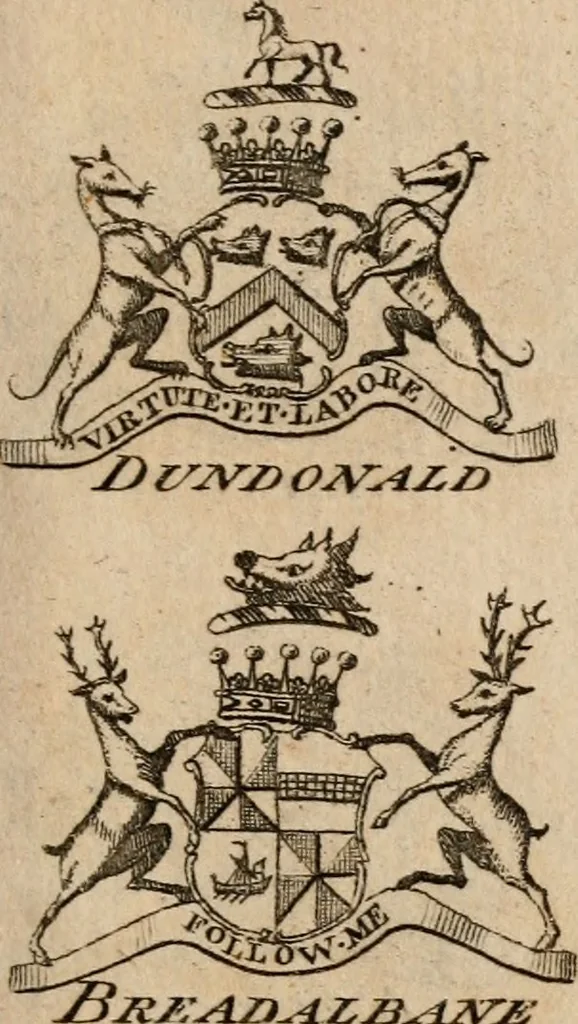 An illustration from The peerage of Scotland : a complete view of the several orders of nobility, of that ancient kingdom; their descents, marriages, issue, and relations; their creations, armorial bearings, crests, supporters, mottos, chief seats, and the high offices they possess ... together with a list of the sixteen peers, from the union to 1767 ..., 1767, leaf 20