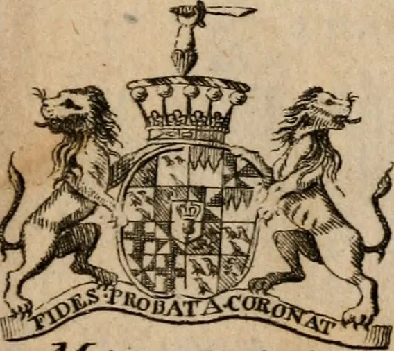An illustration from The peerage of Scotland : a complete view of the several orders of nobility, of that ancient kingdom; their descents, marriages, issue, and relations; their creations, armorial bearings, crests, supporters, mottos, chief seats, and the high offices they possess ... together with a list of the sixteen peers, from the union to 1767 ..., 1767, leaf 20