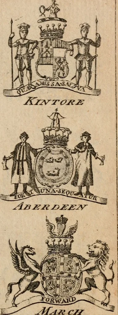 An illustration from The peerage of Scotland : a complete view of the several orders of nobility, of that ancient kingdom; their descents, marriages, issue, and relations; their creations, armorial bearings, crests, supporters, mottos, chief seats, and the high offices they possess ... together with a list of the sixteen peers, from the union to 1767 ..., 1767, leaf 20