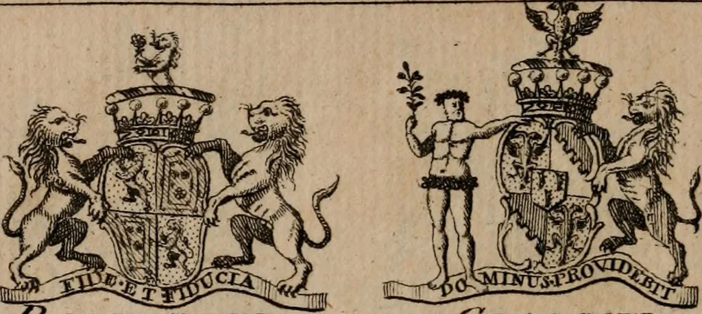 An illustration from The peerage of Scotland : a complete view of the several orders of nobility, of that ancient kingdom; their descents, marriages, issue, and relations; their creations, armorial bearings, crests, supporters, mottos, chief seats, and the high offices they possess ... together with a list of the sixteen peers, from the union to 1767 ..., 1767, leaf 21