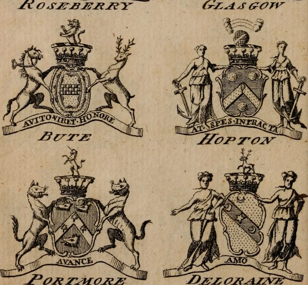 An illustration from The peerage of Scotland : a complete view of the several orders of nobility, of that ancient kingdom; their descents, marriages, issue, and relations; their creations, armorial bearings, crests, supporters, mottos, chief seats, and the high offices they possess ... together with a list of the sixteen peers, from the union to 1767 ..., 1767, leaf 21