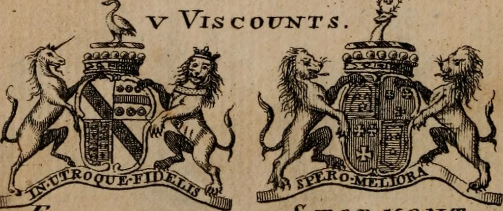 An illustration from The peerage of Scotland : a complete view of the several orders of nobility, of that ancient kingdom; their descents, marriages, issue, and relations; their creations, armorial bearings, crests, supporters, mottos, chief seats, and the high offices they possess ... together with a list of the sixteen peers, from the union to 1767 ..., 1767, leaf 21