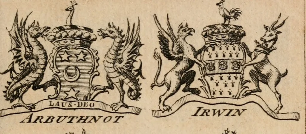 An illustration from The peerage of Scotland : a complete view of the several orders of nobility, of that ancient kingdom; their descents, marriages, issue, and relations; their creations, armorial bearings, crests, supporters, mottos, chief seats, and the high offices they possess ... together with a list of the sixteen peers, from the union to 1767 ..., 1767, leaf 22
