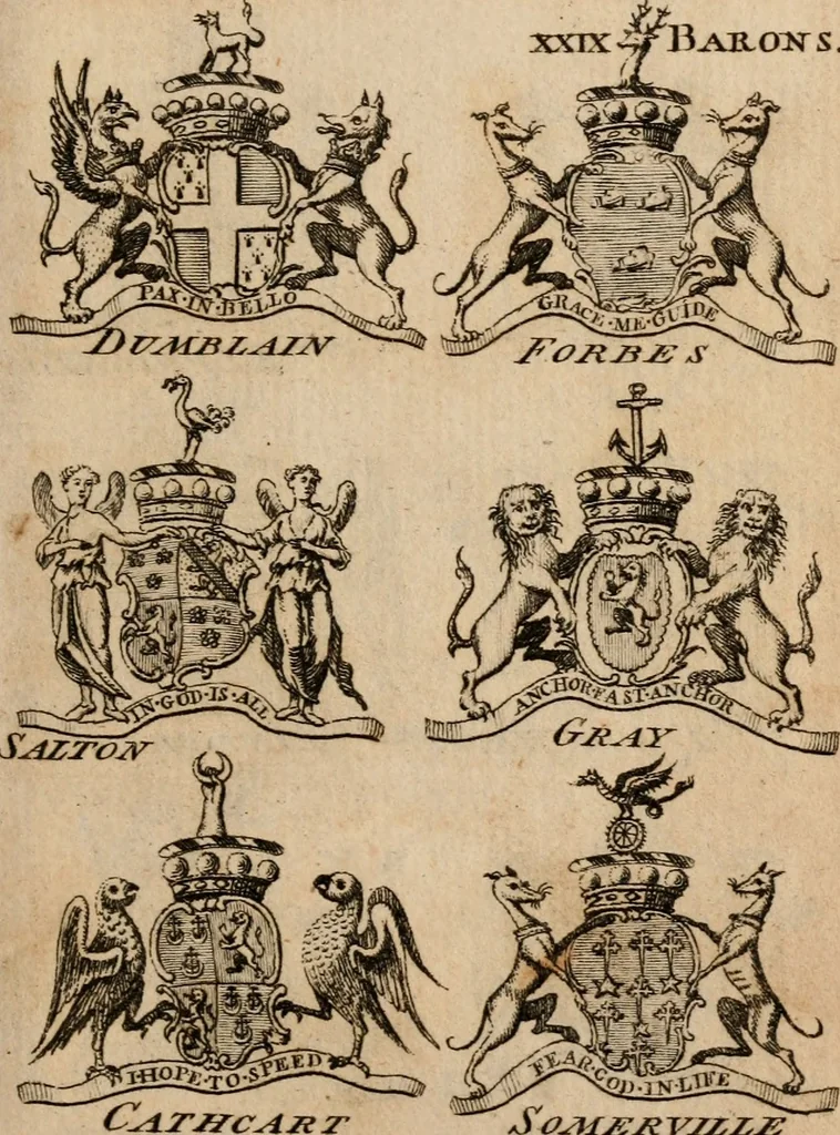 An illustration from The peerage of Scotland : a complete view of the several orders of nobility, of that ancient kingdom; their descents, marriages, issue, and relations; their creations, armorial bearings, crests, supporters, mottos, chief seats, and the high offices they possess ... together with a list of the sixteen peers, from the union to 1767 ..., 1767, leaf 22