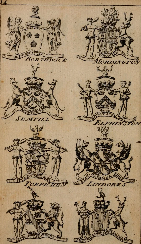 An illustration from The peerage of Scotland : a complete view of the several orders of nobility, of that ancient kingdom; their descents, marriages, issue, and relations; their creations, armorial bearings, crests, supporters, mottos, chief seats, and the high offices they possess ... together with a list of the sixteen peers, from the union to 1767 ..., 1767, leaf 23