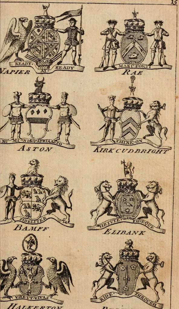 An illustration from The peerage of Scotland : a complete view of the several orders of nobility, of that ancient kingdom; their descents, marriages, issue, and relations; their creations, armorial bearings, crests, supporters, mottos, chief seats, and the high offices they possess ... together with a list of the sixteen peers, from the union to 1767 ..., 1767, leaf 24