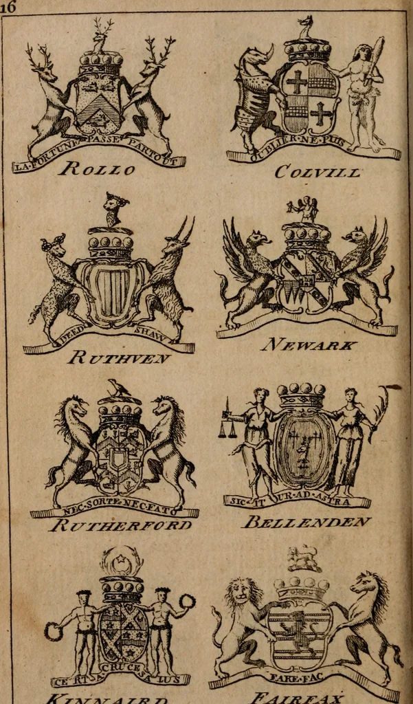 An illustration from The peerage of Scotland : a complete view of the several orders of nobility, of that ancient kingdom; their descents, marriages, issue, and relations; their creations, armorial bearings, crests, supporters, mottos, chief seats, and the high offices they possess ... together with a list of the sixteen peers, from the union to 1767 ..., 1767, leaf 25