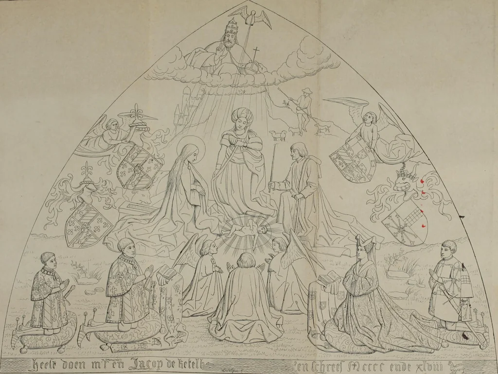An illustration from Peinture murale à l'huile, du XVe siècle, à Gand : indices primordiaux de l'emploi de la couleur à l'huile, au XIVe siècle, a Gand : recherches sur les anciens peintres Gantois, 1859, leaf 5