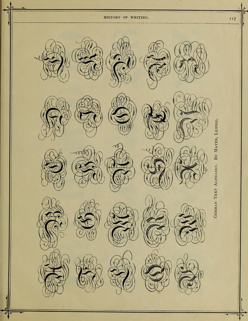 An illustration from The penman's hand-book : for penmen and students, embracing a history of writing ... many complete alphabets ... ; Also, Chapters on teaching penmanship, business letter writing, off-hand flourishing ... etc., 1883, leaf 112