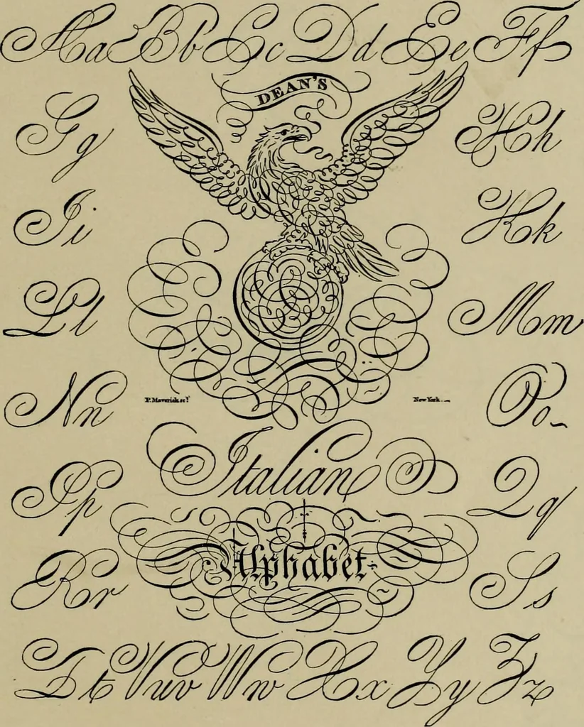 An illustration from The penman's hand-book : for penmen and students, embracing a history of writing ... many complete alphabets ... ; Also, Chapters on teaching penmanship, business letter writing, off-hand flourishing ... etc., 1883, leaf 134