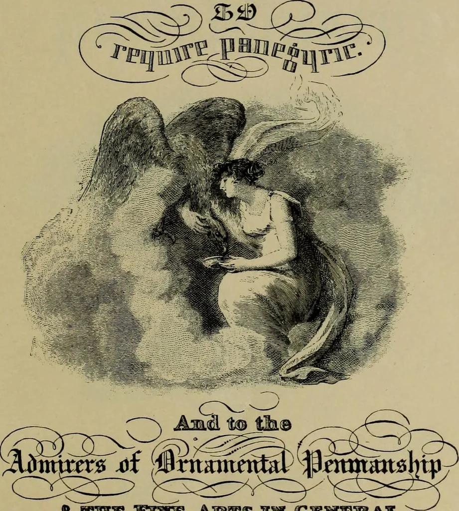 An illustration from The penman's hand-book : for penmen and students, embracing a history of writing ... many complete alphabets ... ; Also, Chapters on teaching penmanship, business letter writing, off-hand flourishing ... etc., 1883, leaf 48