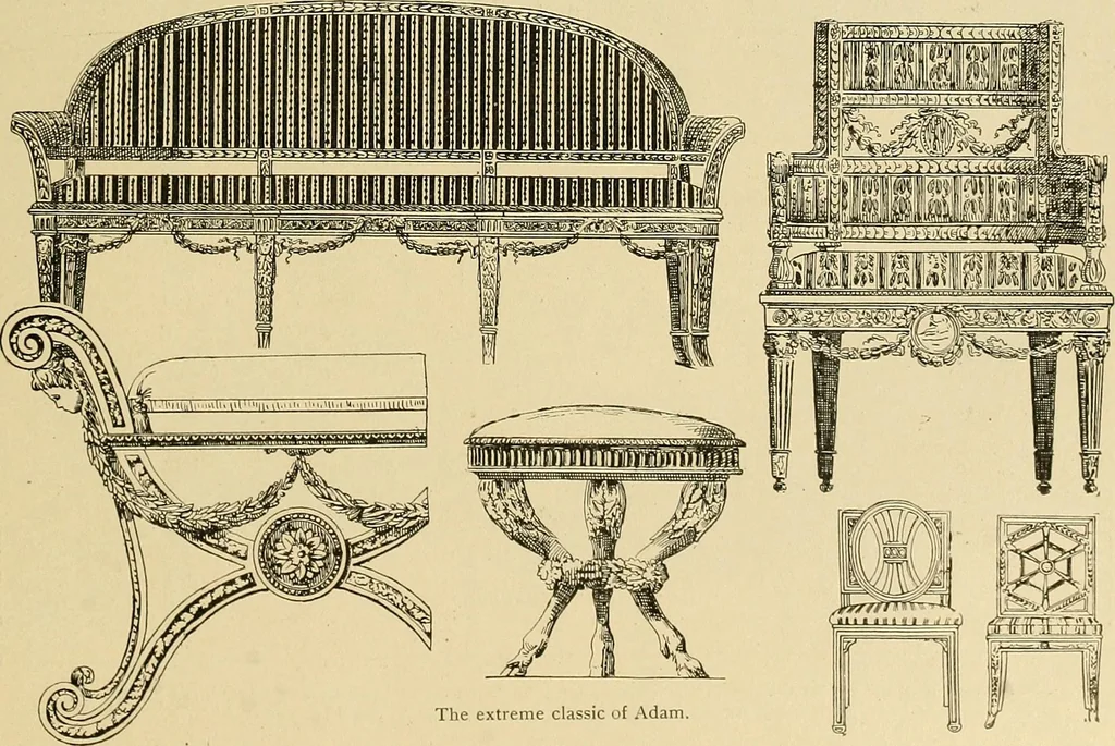 An illustration from Period furnishings; an encyclopedia of historic furniture, decorations and furnishings, 1911, leaf 216