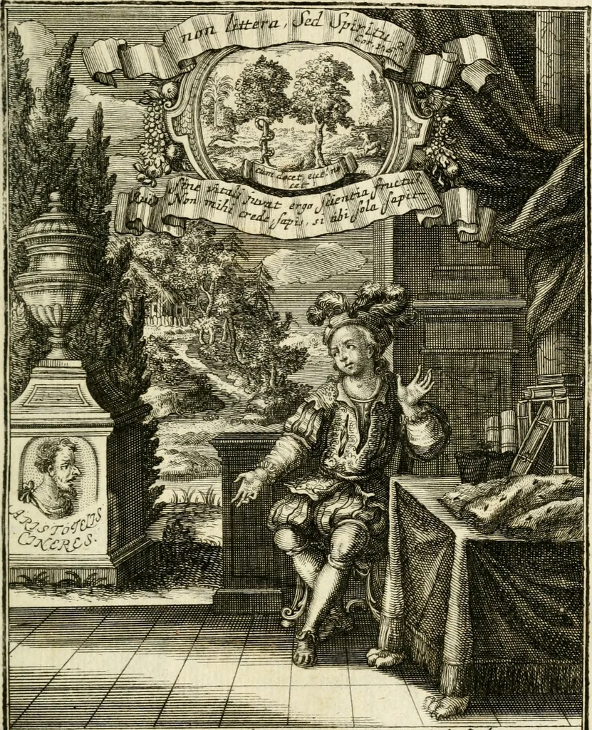 An illustration from Peripateticus nostri temporis, seu, Philosophus discursivus : in biennali cursu, per discursus symbolico-physicos, ad discursum, juxta sanctorum philosophorum exempla, piè curiosum instructus .., 1724, leaf 18