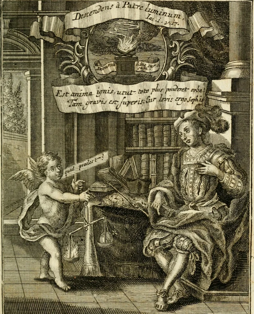 An illustration from Peripateticus nostri temporis, seu, Philosophus discursivus : in biennali cursu, per discursus symbolico-physicos, ad discursum, juxta sanctorum philosophorum exempla, piè curiosum instructus .., 1724, leaf 62