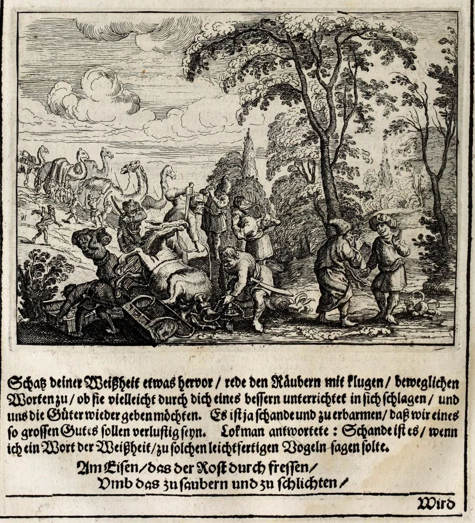 An illustration from Persianischer Rosenthal : in welchem viel lustige Historien scharffsinnige Reden und nützliche Regeln vor 400. Jahren von einem sinnreichen Poeten Schich Saadi in Persischer Sprach beschrieben, 1654, leaf 112