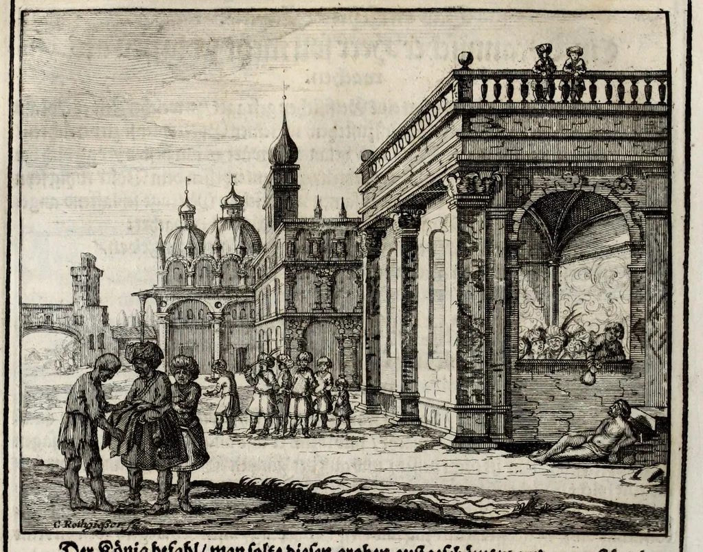An illustration from Persianischer Rosenthal : in welchem viel lustige Historien scharffsinnige Reden und nützliche Regeln vor 400. Jahren von einem sinnreichen Poeten Schich Saadi in Persischer Sprach beschrieben, 1654, leaf 76
