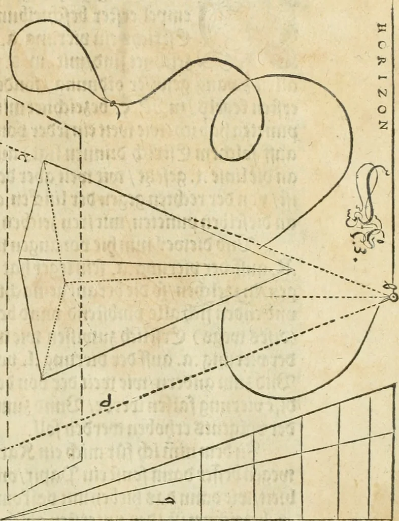 An illustration from Perspectiva; hierinnen auffs kürtzte beschrieben, mit Exempeln eröffnet vnd an Tag gegeben wird, ein newer besonder kurtzer, doch gerechter vnnd sehr leichter Weg, wie allerley Ding, es seyen Corpora, Gebew, oder was möglich zuerdencken vnd in Grund zulegen ist, verruckt oder vnuerruckt, frener in die Perspectyf gebracht werden mag, on einige vergebliche Linie, riss vñ Puncten, [et]c. dergleichen Weg bisshero noch nit bekant gewesen, 1571, leaf 32