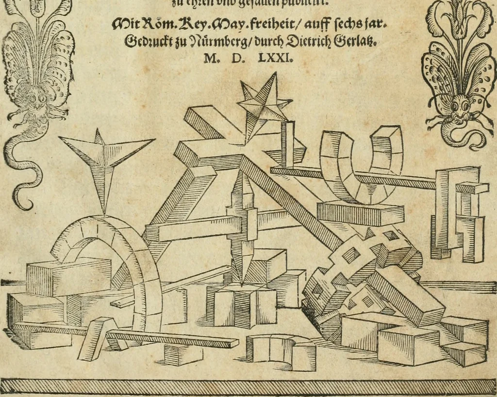 An illustration from Perspectiva; hierinnen auffs kürtzte beschrieben, mit Exempeln eröffnet vnd an Tag gegeben wird, ein newer besonder kurtzer, doch gerechter vnnd sehr leichter Weg, wie allerley Ding, es seyen Corpora, Gebew, oder was möglich zuerdencken vnd in Grund zulegen ist, verruckt oder vnuerruckt, frener in die Perspectyf gebracht werden mag, on einige vergebliche Linie, riss vñ Puncten, [et]c. dergleichen Weg bisshero noch nit bekant gewesen, 1571, leaf 4