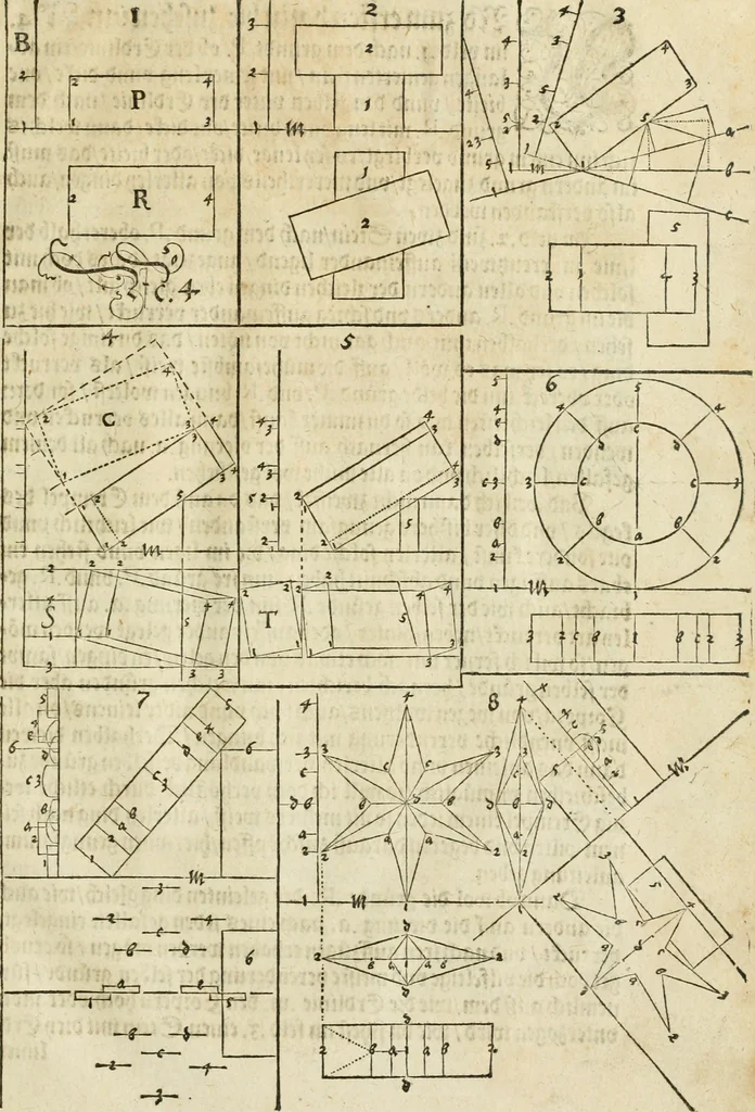 An illustration from Perspectiva; hierinnen auffs kürtzte beschrieben, mit Exempeln eröffnet vnd an Tag gegeben wird, ein newer besonder kurtzer, doch gerechter vnnd sehr leichter Weg, wie allerley Ding, es seyen Corpora, Gebew, oder was möglich zuerdencken vnd in Grund zulegen ist, verruckt oder vnuerruckt, frener in die Perspectyf gebracht werden mag, on einige vergebliche Linie, riss vñ Puncten, [et]c. dergleichen Weg bisshero noch nit bekant gewesen, 1571, leaf 46