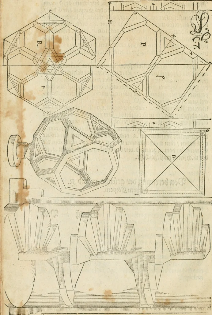An illustration from Perspectiva; hierinnen auffs kürtzte beschrieben, mit Exempeln eröffnet vnd an Tag gegeben wird, ein newer besonder kurtzer, doch gerechter vnnd sehr leichter Weg, wie allerley Ding, es seyen Corpora, Gebew, oder was möglich zuerdencken vnd in Grund zulegen ist, verruckt oder vnuerruckt, frener in die Perspectyf gebracht werden mag, on einige vergebliche Linie, riss vñ Puncten, [et]c. dergleichen Weg bisshero noch nit bekant gewesen, 1571, leaf 61