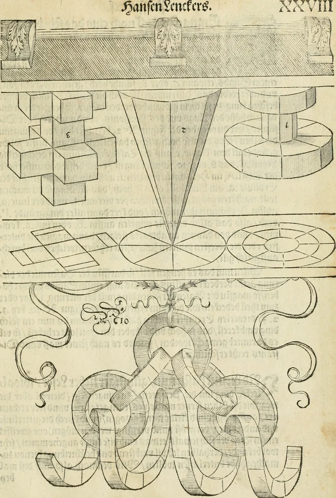 An illustration from Perspectiva; hierinnen auffs kürtzte beschrieben, mit Exempeln eröffnet vnd an Tag gegeben wird, ein newer besonder kurtzer, doch gerechter vnnd sehr leichter Weg, wie allerley Ding, es seyen Corpora, Gebew, oder was möglich zuerdencken vnd in Grund zulegen ist, verruckt oder vnuerruckt, frener in die Perspectyf gebracht werden mag, on einige vergebliche Linie, riss vñ Puncten, [et]c. dergleichen Weg bisshero noch nit bekant gewesen, 1571, leaf 72