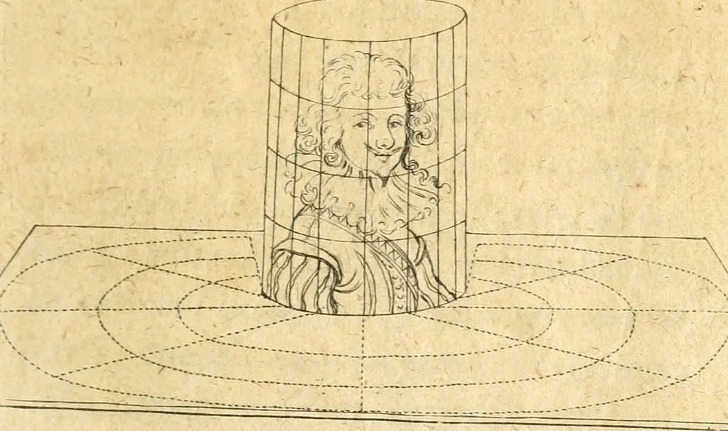 An illustration from Perspective cilindriqve et coniqve; ov, Traicte' des apparences veuës par le moyen des miroirs cilindriques & côniques, soient conuexes ou concaues; ensemble la construction & position des figures obiectées au [sic] mesmes miroirs, afin que leurs apparences soient conformes à la volonté, 1630, leaf 6