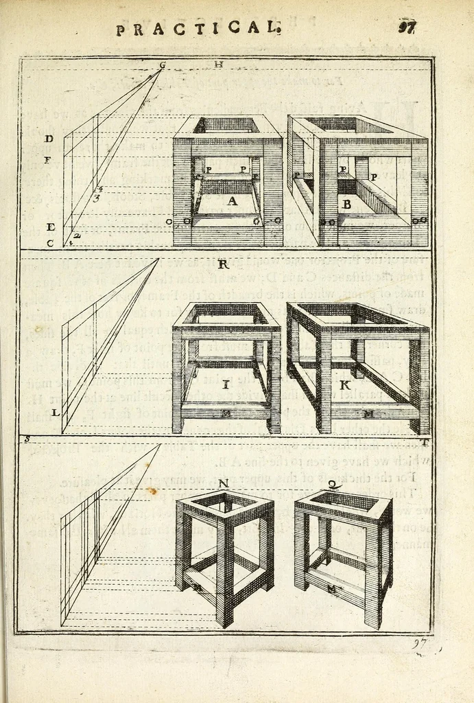 An illustration from Perspective practical, or, A plain and easie method of true and lively representing all things to the eye at a distance, by the exact rules of art ..., 1698, leaf 215