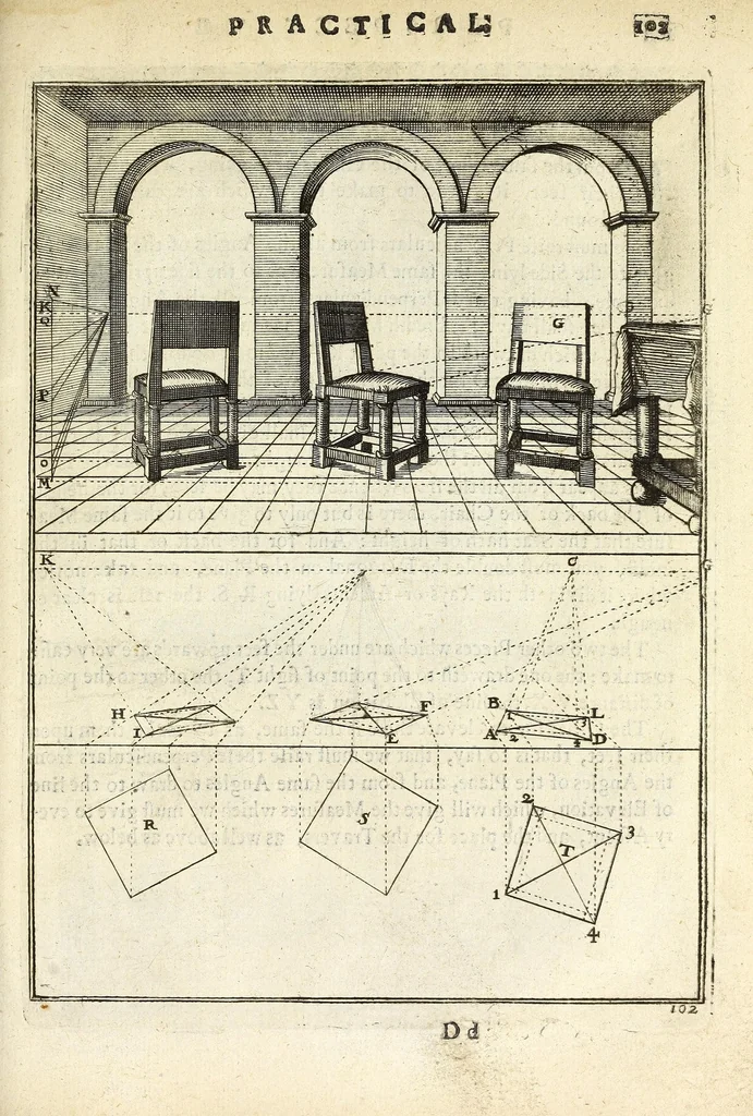 An illustration from Perspective practical, or, A plain and easie method of true and lively representing all things to the eye at a distance, by the exact rules of art ..., 1698, leaf 225