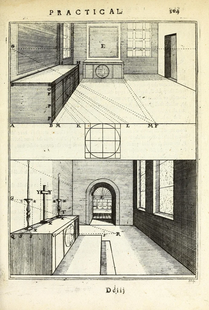 An illustration from Perspective practical, or, A plain and easie method of true and lively representing all things to the eye at a distance, by the exact rules of art ..., 1698, leaf 229