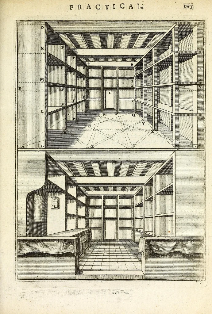 An illustration from Perspective practical, or, A plain and easie method of true and lively representing all things to the eye at a distance, by the exact rules of art ..., 1698, leaf 231
