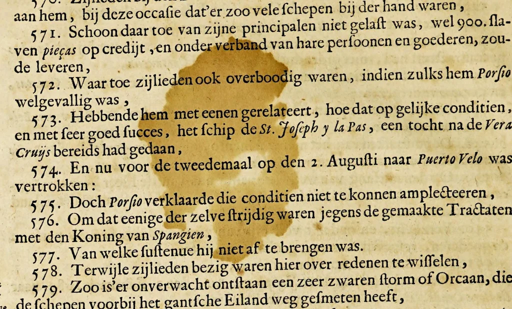 An illustration from Pertinent en waarachtig verhaal van alle de handelingen en directie van Pedro Van Belle, : ontrent den slavenhandel, ofte, het Assiento de Negros, eerst door D. Juan Barosso y Posso, bij zijn overlijden door D. Nicolas Porsio, en daar na door Balthasar Coijmans met den Koning van Spangien aangegaan, zoo in Spangien, de West-Indijes, als op Curaço: dienende tot onderrichtinge van alle die gene, die bij het voorsz. Assiento, ofte de Compagnie van Coijmans en Van Belle tot Cadix, eenigsints zouden mogen wezen geinteresseert, 1689, leaf 24