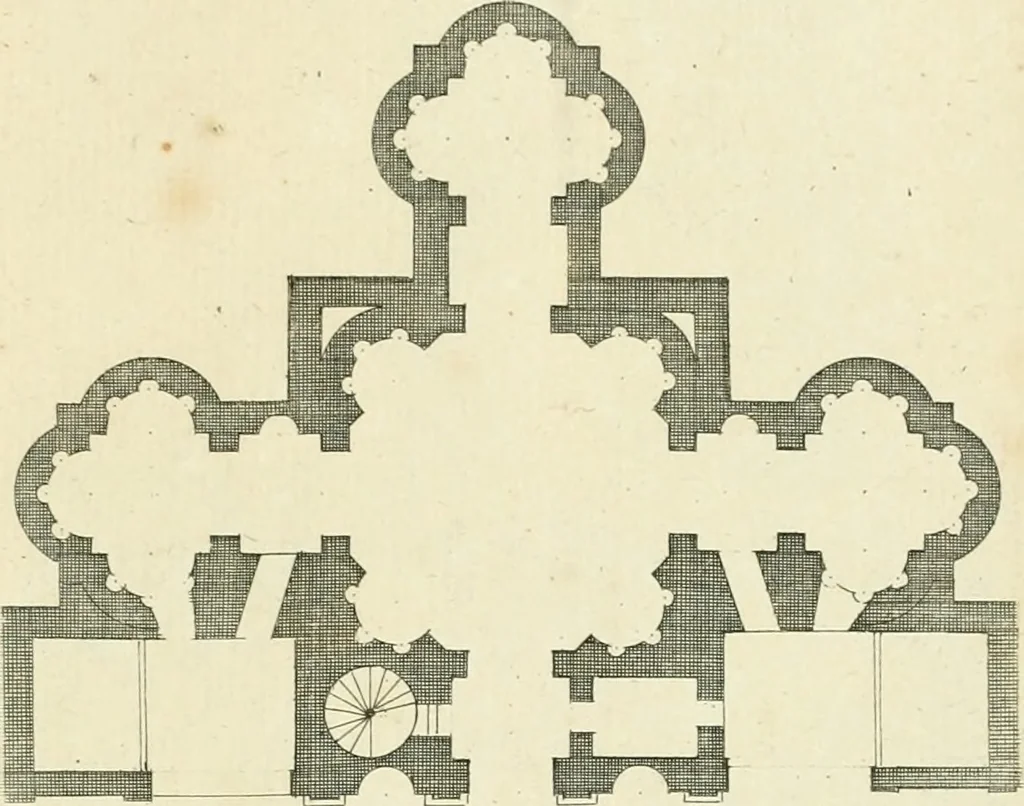 An illustration from Petit uvre d'architecture de Jean Marot, architecte et graveur, ou, Recueil des plans, elevations & coupes de divers anciens edifices de Paris, & de la sépulture des Valois, à S. Denis, avec diverses suites de tombeaux, epitaphes, chapelles, retables d'autels, tabernacles, portes cocheres & autres, &c. & plusieurs petits temples dans le goût antique, qui n'ont jamais paru, 1764, leaf 108