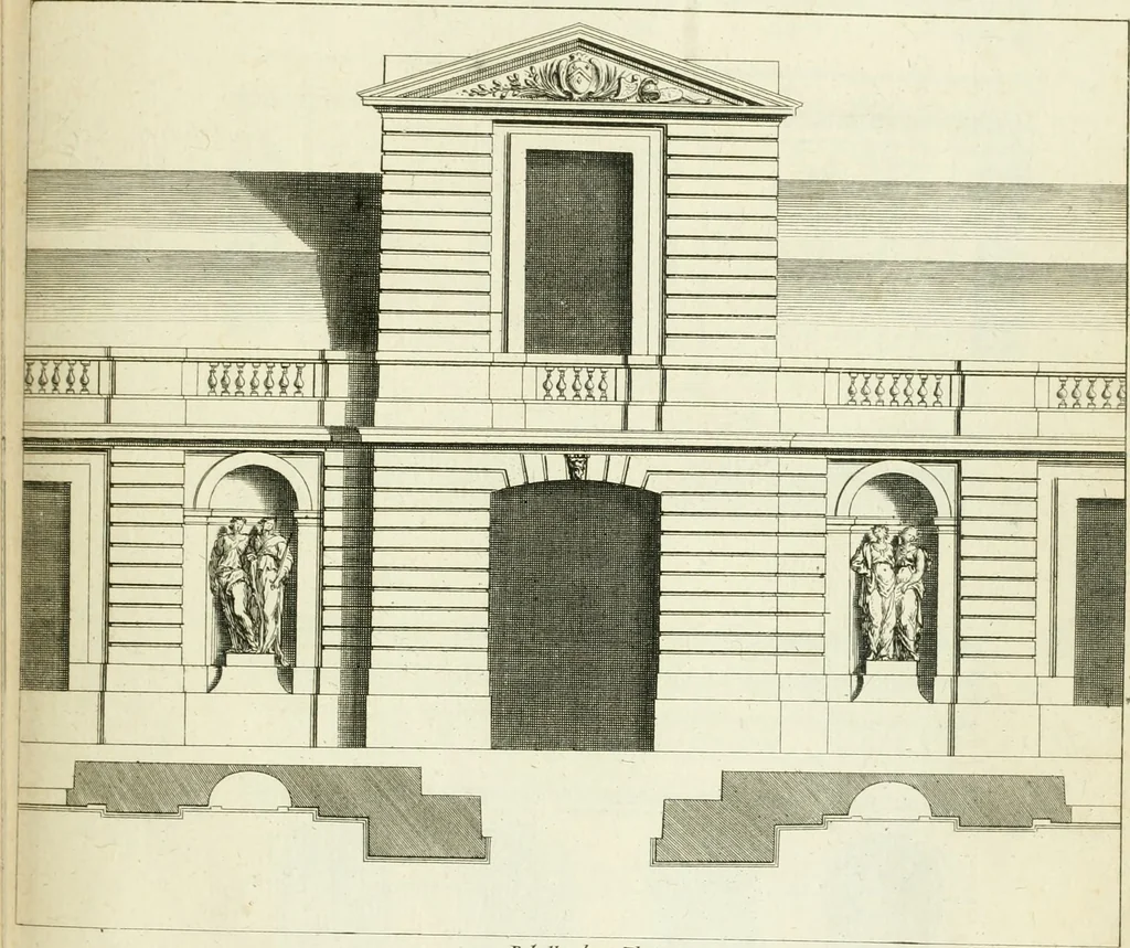An illustration from Petit uvre d'architecture de Jean Marot, architecte et graveur, ou, Recueil des plans, elevations & coupes de divers anciens edifices de Paris, & de la sépulture des Valois, à S. Denis, avec diverses suites de tombeaux, epitaphes, chapelles, retables d'autels, tabernacles, portes cocheres & autres, &c. & plusieurs petits temples dans le goût antique, qui n'ont jamais paru, 1764, leaf 116