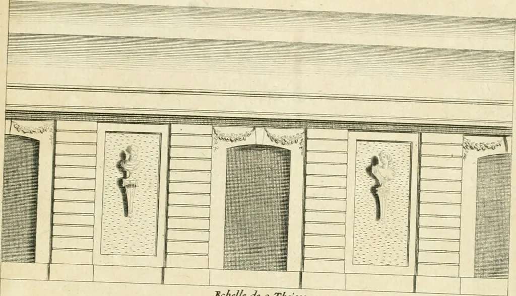 An illustration from Petit uvre d'architecture de Jean Marot, architecte et graveur, ou, Recueil des plans, elevations & coupes de divers anciens edifices de Paris, & de la sépulture des Valois, à S. Denis, avec diverses suites de tombeaux, epitaphes, chapelles, retables d'autels, tabernacles, portes cocheres & autres, &c. & plusieurs petits temples dans le goût antique, qui n'ont jamais paru, 1764, leaf 118