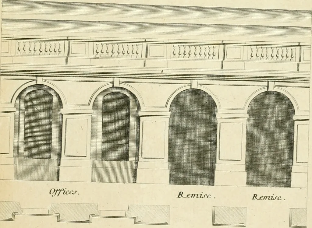An illustration from Petit uvre d'architecture de Jean Marot, architecte et graveur, ou, Recueil des plans, elevations & coupes de divers anciens edifices de Paris, & de la sépulture des Valois, à S. Denis, avec diverses suites de tombeaux, epitaphes, chapelles, retables d'autels, tabernacles, portes cocheres & autres, &c. & plusieurs petits temples dans le goût antique, qui n'ont jamais paru, 1764, leaf 118
