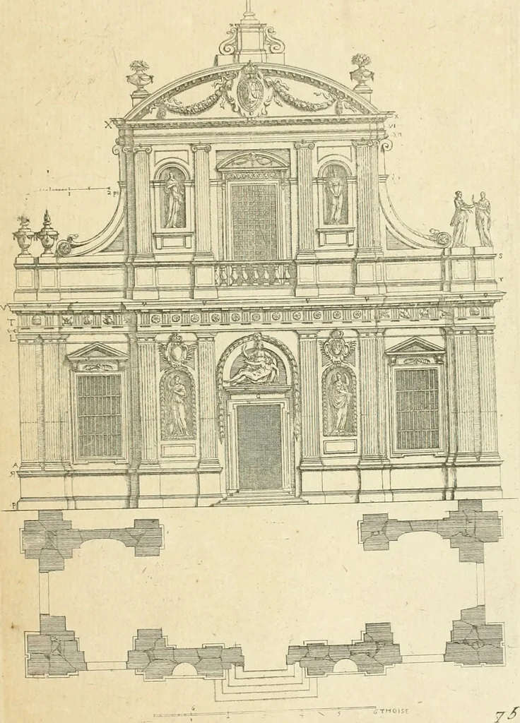 An illustration from Petit uvre d'architecture de Jean Marot, architecte et graveur, ou, Recueil des plans, elevations & coupes de divers anciens edifices de Paris, & de la sépulture des Valois, à S. Denis, avec diverses suites de tombeaux, epitaphes, chapelles, retables d'autels, tabernacles, portes cocheres & autres, &c. & plusieurs petits temples dans le goût antique, qui n'ont jamais paru, 1764, leaf 120