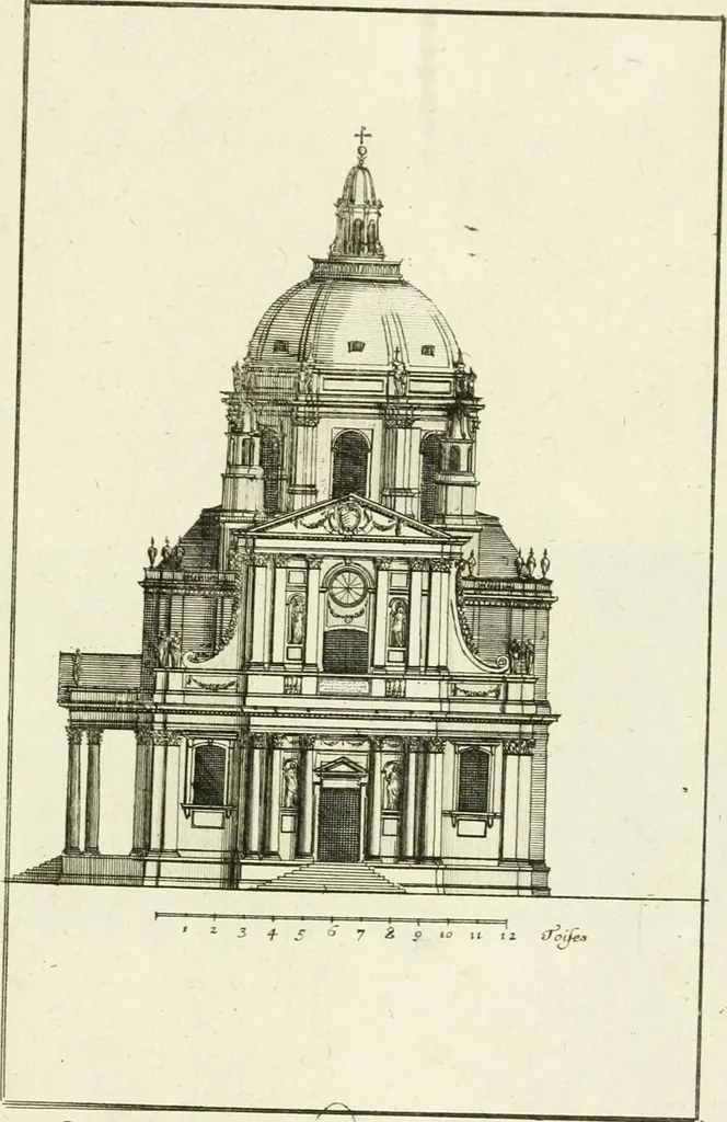 An illustration from Petit uvre d'architecture de Jean Marot, architecte et graveur, ou, Recueil des plans, elevations & coupes de divers anciens edifices de Paris, & de la sépulture des Valois, à S. Denis, avec diverses suites de tombeaux, epitaphes, chapelles, retables d'autels, tabernacles, portes cocheres & autres, &c. & plusieurs petits temples dans le goût antique, qui n'ont jamais paru, 1764, leaf 124