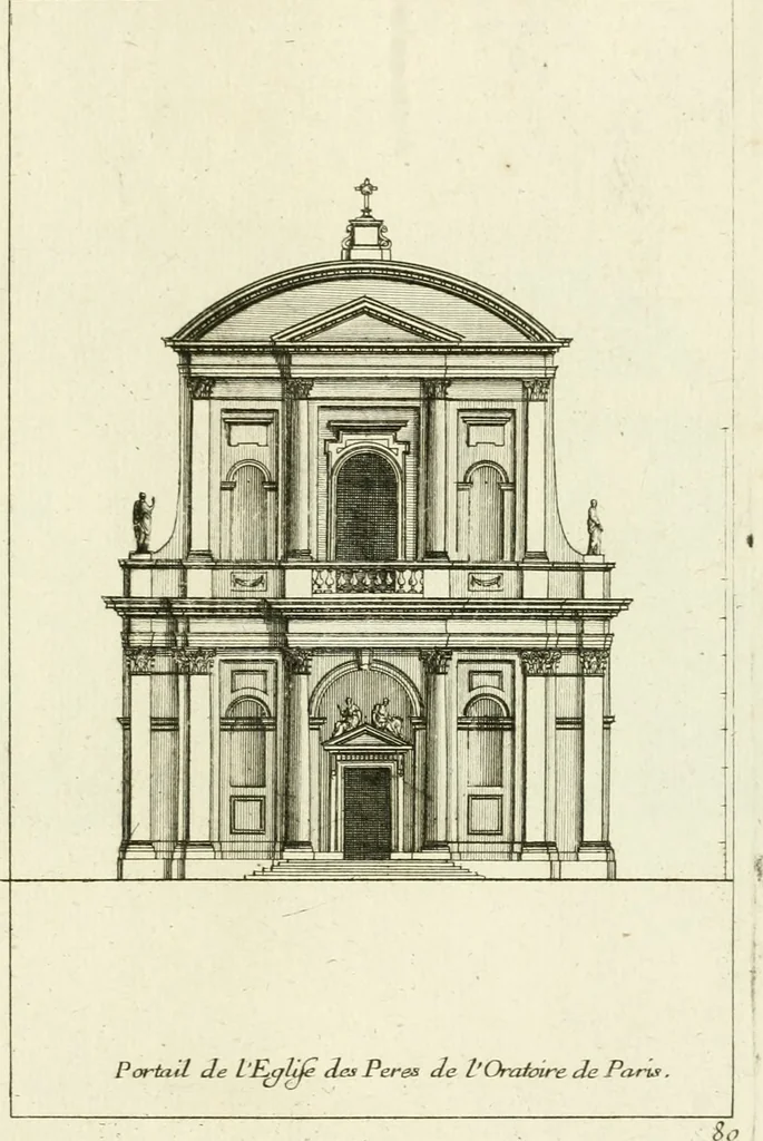 An illustration from Petit uvre d'architecture de Jean Marot, architecte et graveur, ou, Recueil des plans, elevations & coupes de divers anciens edifices de Paris, & de la sépulture des Valois, à S. Denis, avec diverses suites de tombeaux, epitaphes, chapelles, retables d'autels, tabernacles, portes cocheres & autres, &c. & plusieurs petits temples dans le goût antique, qui n'ont jamais paru, 1764, leaf 130