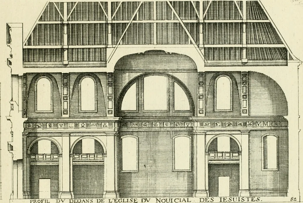 An illustration from Petit uvre d'architecture de Jean Marot, architecte et graveur, ou, Recueil des plans, elevations & coupes de divers anciens edifices de Paris, & de la sépulture des Valois, à S. Denis, avec diverses suites de tombeaux, epitaphes, chapelles, retables d'autels, tabernacles, portes cocheres & autres, &c. & plusieurs petits temples dans le goût antique, qui n'ont jamais paru, 1764, leaf 134