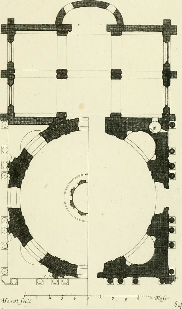 An illustration from Petit uvre d'architecture de Jean Marot, architecte et graveur, ou, Recueil des plans, elevations & coupes de divers anciens edifices de Paris, & de la sépulture des Valois, à S. Denis, avec diverses suites de tombeaux, epitaphes, chapelles, retables d'autels, tabernacles, portes cocheres & autres, &c. & plusieurs petits temples dans le goût antique, qui n'ont jamais paru, 1764, leaf 138