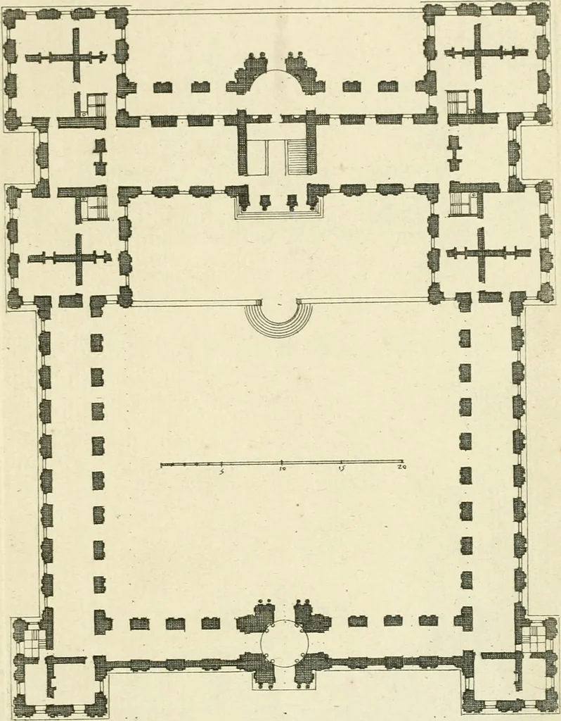 An illustration from Petit uvre d'architecture de Jean Marot, architecte et graveur, ou, Recueil des plans, elevations & coupes de divers anciens edifices de Paris, & de la sépulture des Valois, à S. Denis, avec diverses suites de tombeaux, epitaphes, chapelles, retables d'autels, tabernacles, portes cocheres & autres, &c. & plusieurs petits temples dans le goût antique, qui n'ont jamais paru, 1764, leaf 14